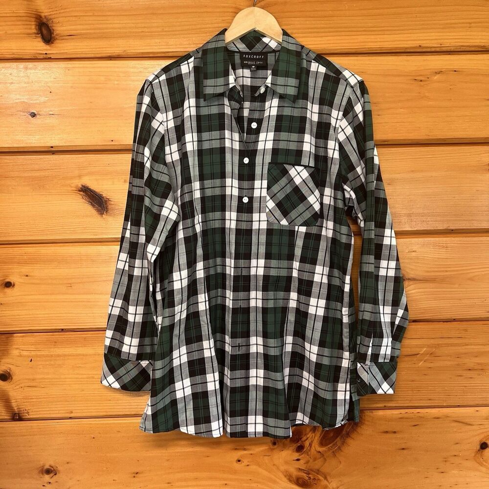 FOXCROFT Wrinkle Free Shapes Fit Green Black White Plaid Button Down Shirt  14
